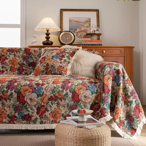 Miniatura 26 de vctops Fundas de sofá jacquard vintage para sofá seccional patrón de pájaros funda de sofá con flecos para perros fundas de sofá de dos plazas funda