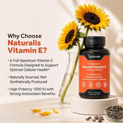 Miniatura 4 de Naturalis Vitamina E de girasol de 670 mg (1000 UI) con tocoferoles mixtos Vitamina esencial para la piel y apoyo inmunológico Sin OMG, sin soja