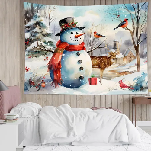 LB Tapiz navideño de muñeco de nieve, bosque de pinos de invierno con ciervos cardenales, tapiz de pared para dormitorio, tapiz colgante de pared de