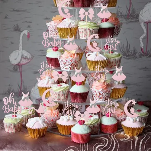 Miniatura 4 de 24 piezas de adornos para cupcakes con lazo con purpurina, vestido de luna Oh Baby para revelación de género, baby shower, fiesta de cumpleaños