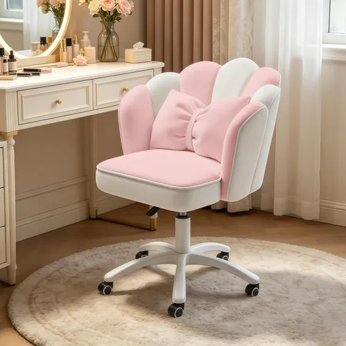 Miniatura 8 de Petal - Silla de escritorio con cojín de lazo, silla de tocador de terciopelo con ruedas, silla tapizada de oficina en casa para niñas y mujeres