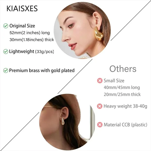 Miniatura 5 de KIAISXES Aretes de aro de gota de agua de oro extra grandes, aretes gruesos para mujer, ligeros, hipoalergénicos, chapados en oro, joyería de moda