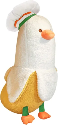 PEACH CAT Lindo Pato de Plátano Peluche Animal de Peluche Pato Chef de Plátano Largo Almohada de Felpa para Niñas y Niños Blanco 12 pulgadas