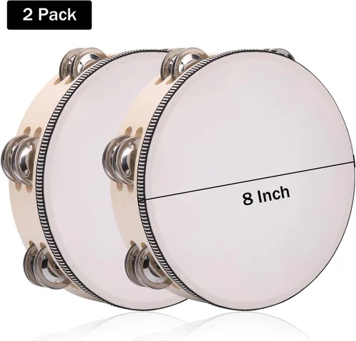 Miniatura 3 de Paquete de 2 panderetas de doble fila de 8 pulgadas para adultos, pandereta de tambor de mano de madera con cascabeles de metal, instrumentos