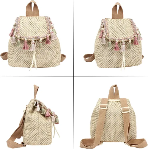 Miniatura 5 de Meyaus Mochila tejida de paja pequeña con borlas y cordón para mujer, Borlas Caqui, Mochilas Daypack