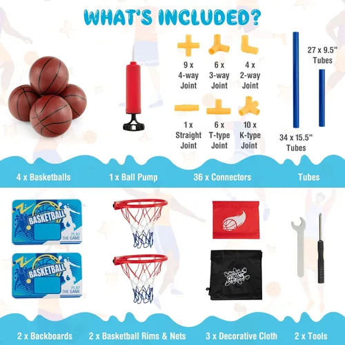 Miniatura 6 de Goplus Juego de baloncesto para niños, juego de baloncesto de doble disparo para 2 jugadores con 4 bolas y bomba de inflado, juego deportivo