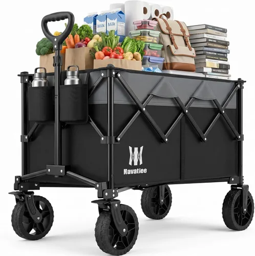 Navatiee - Carro plegable con capacidad de 140L, carrito plegable de gran capacidad con ruedas silenciosas todo terreno, carrito de compras Negro