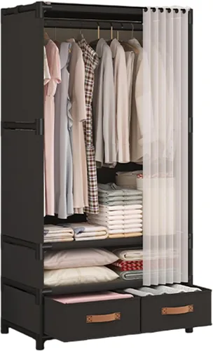 Miniatura 15 de Armario portátil para colgar ropa, armario de estilo japonés, perchero con 1 varillas para colgar, 2 estantes de almacenamiento, 27.5 pulgadas