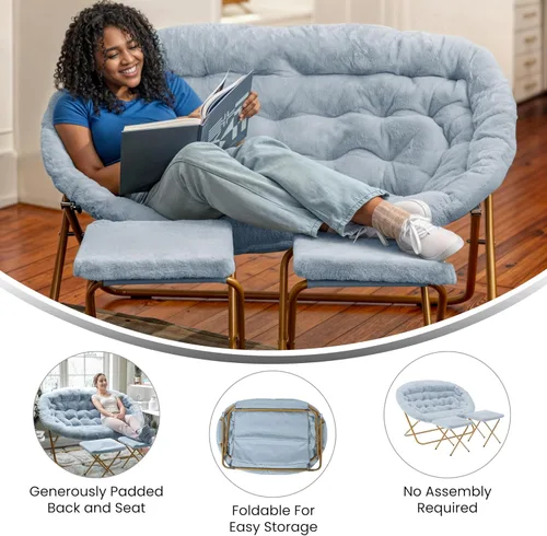 Miniatura 4 de Flash Furniture Eleanor - Silla portátil doble platillo con 2 otomanas, marcos de acero plegables, para dormitorio o dormitorio, 56 pulgadas, piel