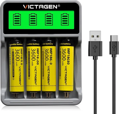 VICTAGEN 18650 Juego de cargador de batería de 4 bahías, cargador universal inteligente para 3.7V Li-ion 21700/26650/14500/RCR123 y 1.2V Ni-MH/Ni-CD