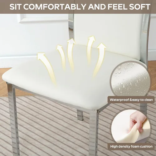 Miniatura 6 de Juego de 4 sillas de comedor modernas - Piel sintética blanca con patas de metal cromado plateado, diseño de respaldo alto curvo y acolchado tipo