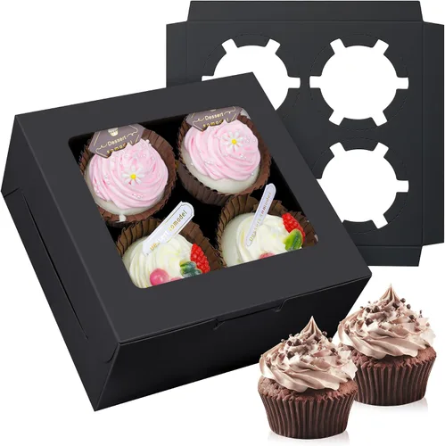 Miniatura 9 de Juego de 10 cajas para cupcakes a granel con ventana transparente para 4 cupcakes estándar, contenedor desechable de grado alimenticio rojo