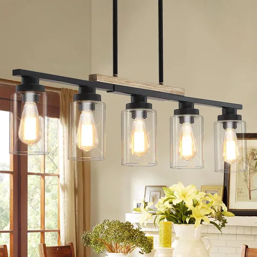 Miniatura 8 de Lámpara de comedor sobre mesa, iluminación de isla de cocina de 4 luces, modernos candelabros de madera para comedor con altura ajustable, luces