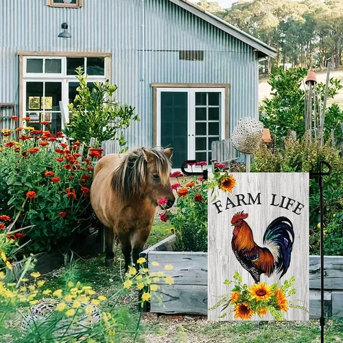 Miniatura 4 de Bandera de Farm Life, bandera de bienvenida para jardín, girasol de gallo de pollo, decoración para bandera exterior, vertical de doble cara de 12 x
