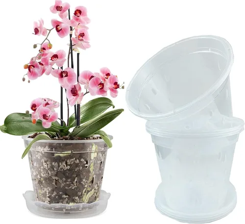 Miniatura 7 de DESOMINOR Paquete de 4 macetas de orquídeas transparentes, macetas de plástico de 4.8 pulgadas, 5.6 pulgadas y 7 pulgadas con agujeros y platillos