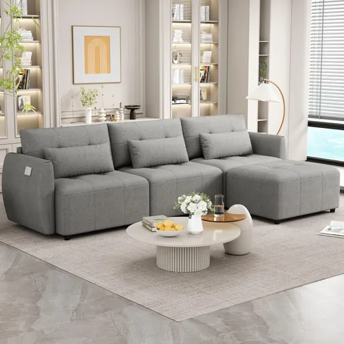 Miniatura 10 de KEVINSPACE Sofá moderno de 113.3 pulgadas, sofá de 3 plazas para sala de estar, sofá de tela de felpilla con puertos USB otomano, juego de 3