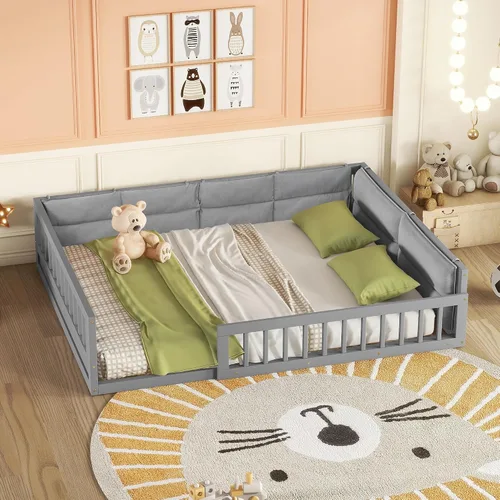Miniatura 15 de VilroCaz Playfun - Cama de suelo tamaño individual con valla que se puede abrir, cama Montessori de metal con diseño de plataforma para niños