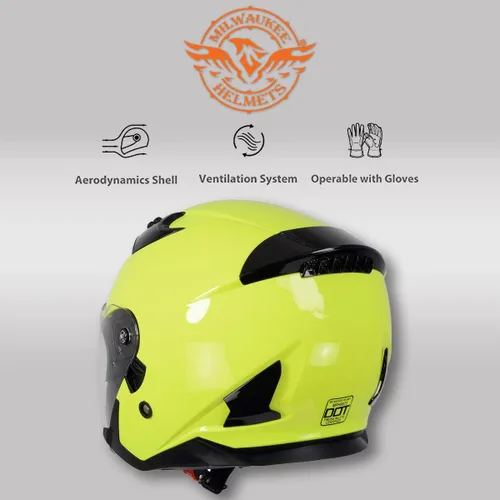Miniatura 7 de Milwaukee Helmets MPH9823DOT 'Shift' - Casco de cara abierta 3/4 amarillo neón para hombres y mujeres con visera tintada desplegable