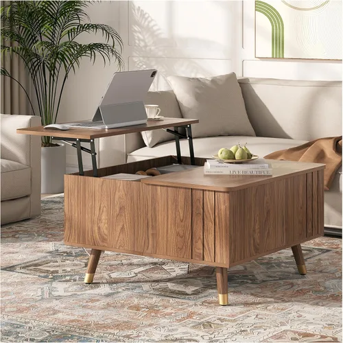 Miniatura 12 de SULIVES Mesa auxiliar ovalada con almacenamiento, mesa de centro multifuncional con tambor elevable, pequeña mesa central acanalada para sala