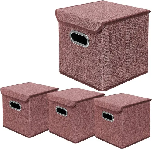 Miniatura 6 de Juego de 4 contenedores plegables de tela de lino con tapa, cajas organizadoras plegables, 10 x 10 x 10 pulgadas (beige)