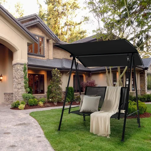 Miniatura 2 de Tangkula Columpio de porche para 2 personas, columpio de patio con toldo ajustable, asiento de tela cómodo y marco de acero resistente, columpio