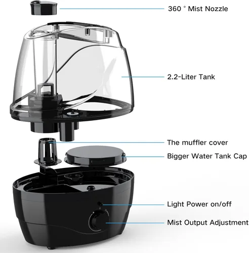 Miniatura 7 de Humidificadores para dormitorio y habitación grande, humidificador de niebla fría de 2.2L para bebé, 30 horas con funcionamiento silencioso