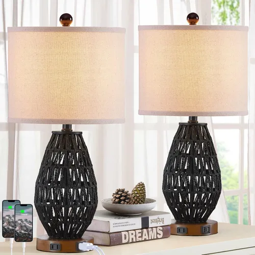 Miniatura 9 de CINSARY Lámparas de mesa de ratán con control táctil, lámparas de noche regulables de 3 vías para dormitorio, juego de 2 con 2 puertos USB y salida
