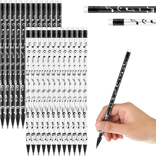 Paquete de 24 lápices de música para niños, lápices musicales redondos, blanco y negro, caja de madera con borrador para suministros de oficina