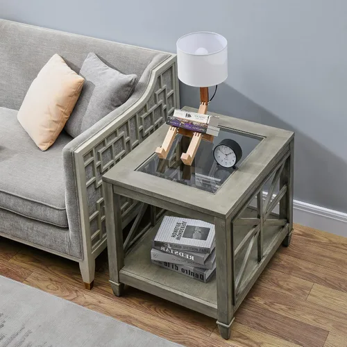 Miniatura 4 de Mesa auxiliar de madera maciza de 2 niveles con vidrio templado, mesa auxiliar cuadrada de madera para sofá, mesita de noche rústica con soporte