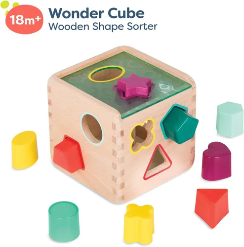 Miniatura 3 de B. toys Wonder Cube - Juguete de desarrollo - Cubo clasificador de formas de madera - 9 formas coloridas - Juguete educativo de madera para niños