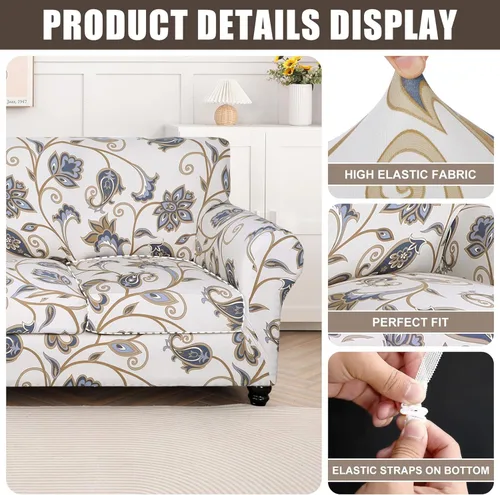Miniatura 4 de SearchI Funda elástica para sofá, Fundas impresas para sofá, Funda de sillón con patrón floral, 2 piezas de funda elástica para sillón con funda