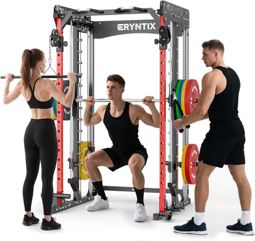 Miniatura 8 de Smith Machine, estante de potencia de capacidad de 2600 libras para garaje de gimnasio en casa, jaula de potencia todo en uno con cable cruzado