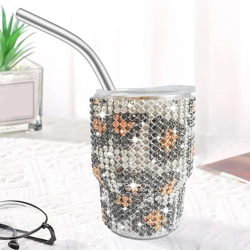 Miniatura 4 de INSTOME Vaso de chupito brillante de 3 onzas, mini tazas con tachuelas de diamantes de imitación con pajitas, brillo similar a un diamante