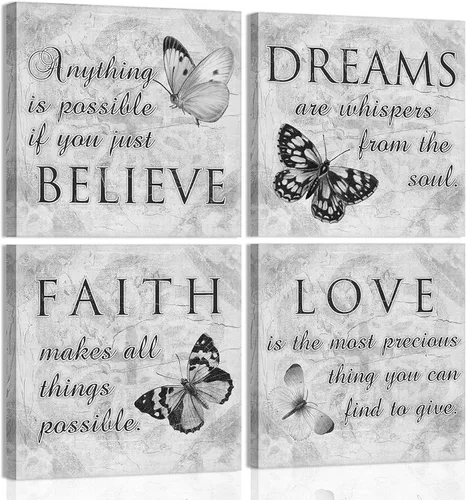 Arte de pared inspirador de mariposas, 4 paneles de impresión en lienzo gris, decoración de pared en lienzo con texto en inglés «Faith Love Dreams