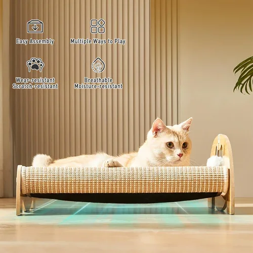 Miniatura 4 de Cama rascador de sisal para gatos de interior, hamaca extra grande para rascar, poste rascador de sisal natural, muebles de madera maciza