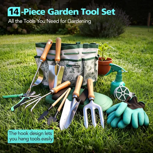 Miniatura 3 de Bluemars Kit de herramientas de mano de jardinería, 14 piezas, juego de herramientas de jardín de acero inoxidable resistente con bolsa de jardín