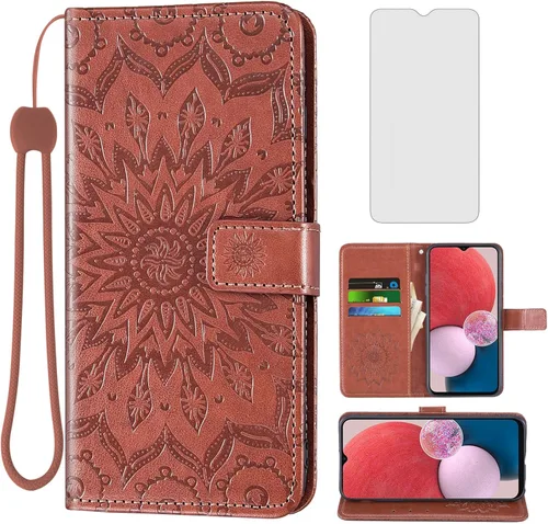 Asuwish Funda de teléfono para Samsung Galaxy A13 LTE 4G con protector de pantalla de vidrio templado y funda delgada de cuero, soporte para