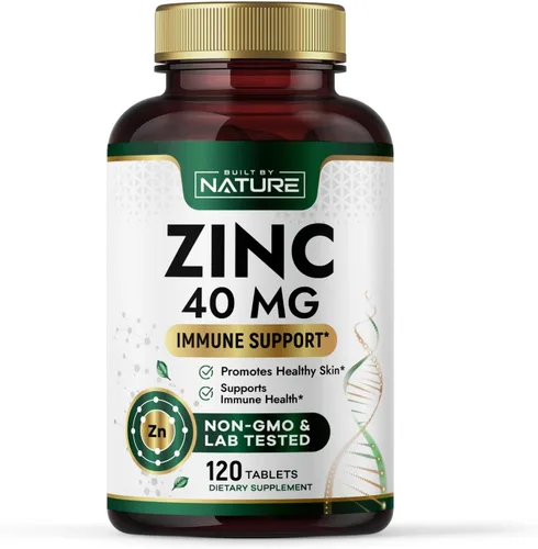 Built By Nature Zinc 40 mg – Apoyo inmunológico de alta potencia y suplemento antioxidante – Promueve la salud de la piel y la curación de heridas –