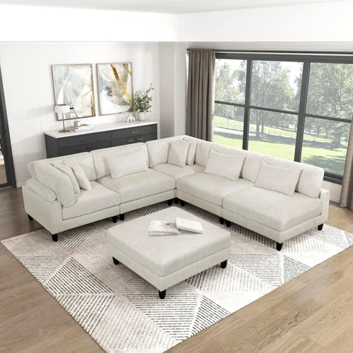 Miniatura 27 de Lexicon Sofá modular de 120 pulgadas, sofá modular de microfibra de gran tamaño de 4 plazas en forma de L, 6 almohadas decorativas y arreglo Beige