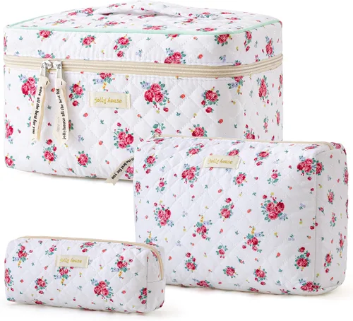 Miniatura 17 de HBselect Bolsa de maquillaje acolchada, 3 piezas de algodón grande, bolsa de maquillaje de viaje, bonita bolsa de maquillaje floral de coqueta