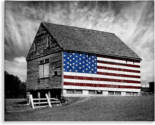 Stupell Industries Granero blanco y negro con bandera estadounidense, diseñado por James Mcloughlin, 30 x 24, lienzo decorativo para pared