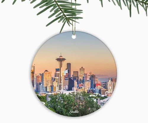 Adornos de Navidad de Seattle Washington City Souvenir, adornos colgantes para árbol de Navidad, recuerdo de cerámica