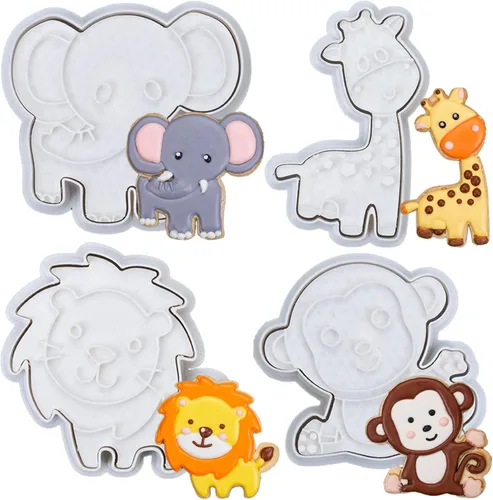 Miniatura 17 de Juego de 8 cortadores de galletas de animales con mango de sello 3D, diseño de selva para cocina, formas de pastel de ácido poliláctico