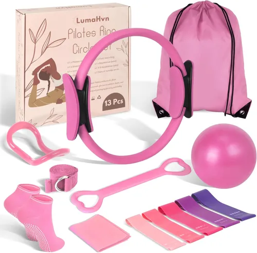 Miniatura 14 de Kit esencial de anillo de pilates para mujer, equipo de entrenamiento en casa con pelota de 9.8 pulgadas, bandas de resistencia, círculo mágico, Azul