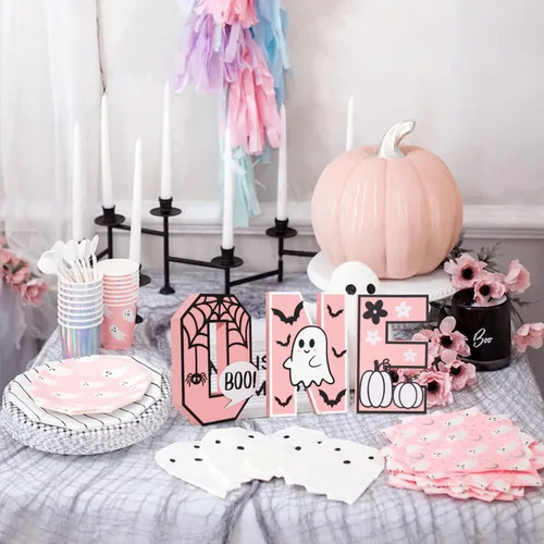 Miniatura 4 de Letrero de madera de Halloween One – Decoración de mesa de centro de mesa de madera rosa de Halloween, decoraciones de Halloween para interiores