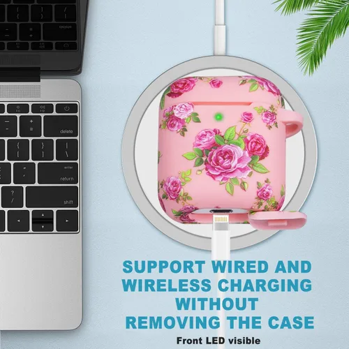 Miniatura 4 de LitoDream - Funda de silicona suave y flexible con llavero para cargador de Apple AirPods 2 y 1, para niñas (flores rosas y rojas)