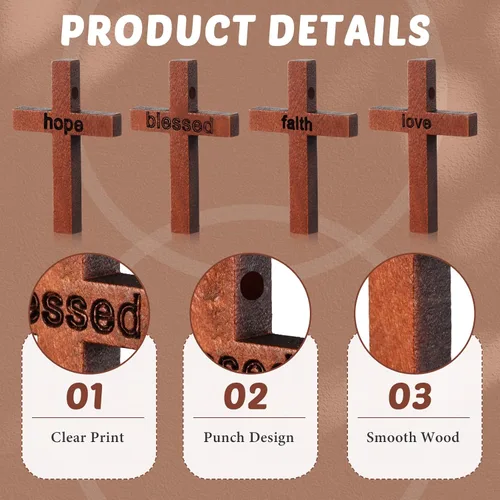 Miniatura 3 de Yinkin 100 dijes de cruz de madera pequeña de 4 estilos para hacer joyas, regalos cristianos, regalos cristianos, colgante rústico de madera maciza