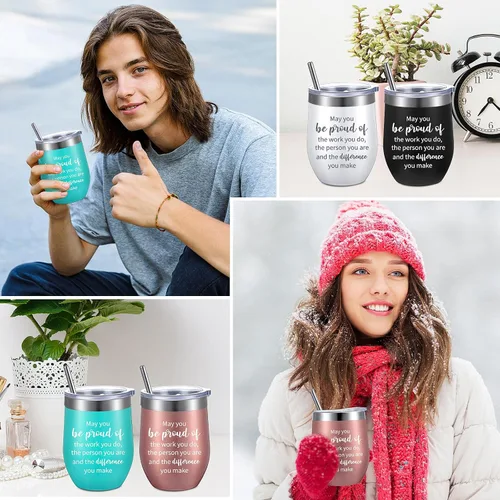 Miniatura 5 de Inbagi Juego de 10 vasos de vino inspiradores con pajilla, tazas de agradecimiento a los empleados y llaveros, vasos de acero inoxidable con texto