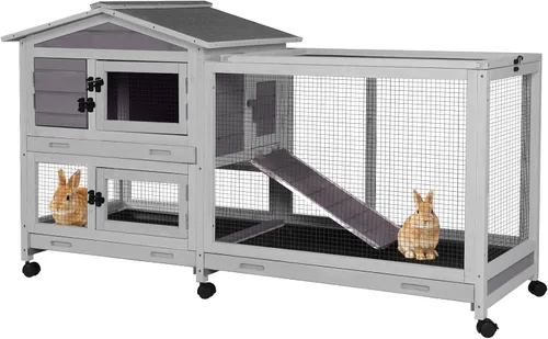 Miniatura 9 de GUTINNEEN 2-Story Rabbit Hutch for 2-4 Rabbits - Wooden Guinea Pig Cage with 6 Wheels, 3 Pull-Out Trays & Waterproof Asphalt Roof, Indoor Outdoor