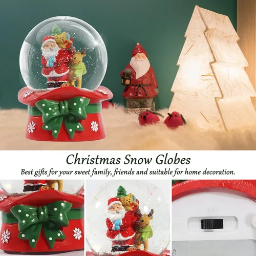 Miniatura 9 de Bola de Nieve Navideña de 100 mm con 8 Luces de Color, Bola de Nieve Musical, Papá Noel, Muñeco de Nieve, Reno, Caja de Música, Decoración Navideña